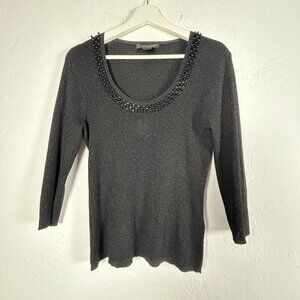 August Silk Womens Black Beaded Neck Sparkle Metallic Knit Top Medium 3/4 Sleeve